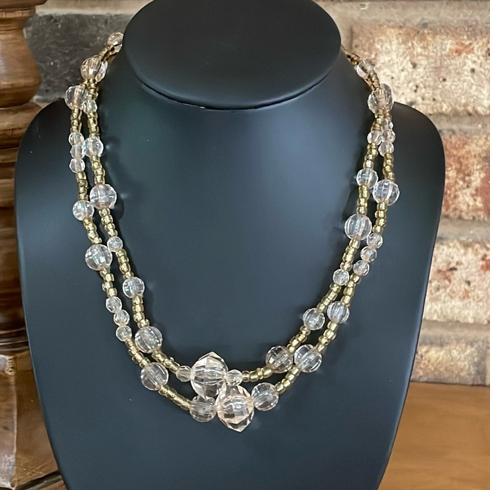 Vintage Gold and Clear Beaded Double strand necklace